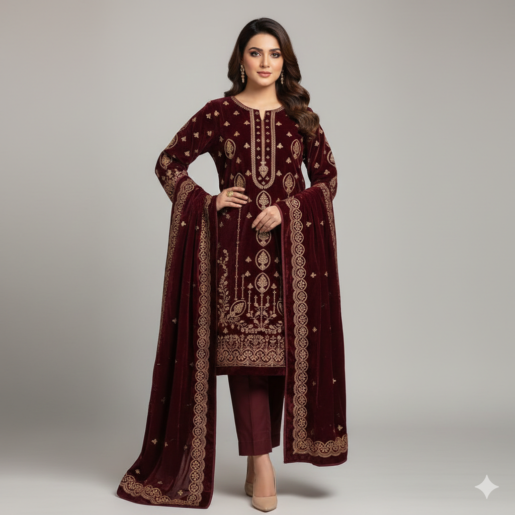 Maroon 3 Piece Unstitched Embroidered Velvet Suit