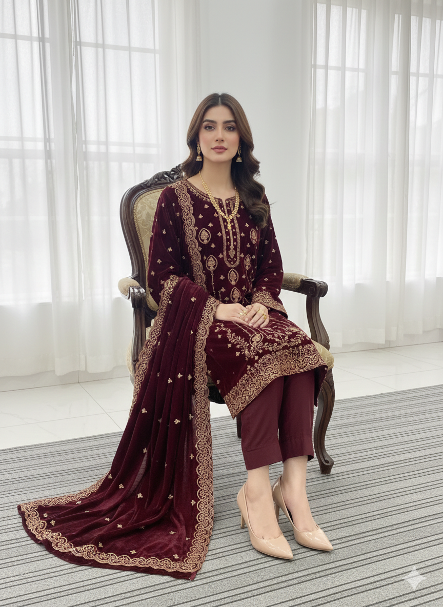 Maroon 3 Piece Unstitched Embroidered Velvet Suit