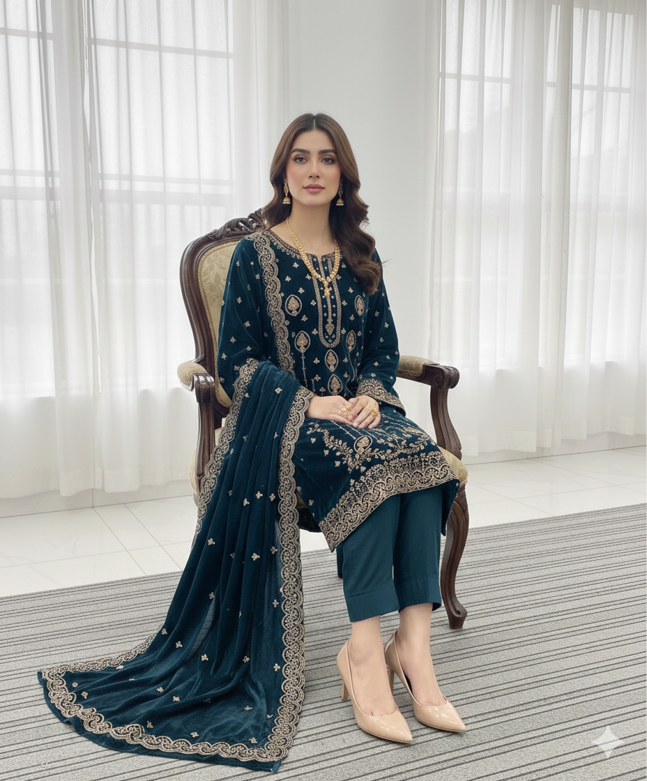 Zinc 3 Piece Unstitched Embroidered Velvet Suit
