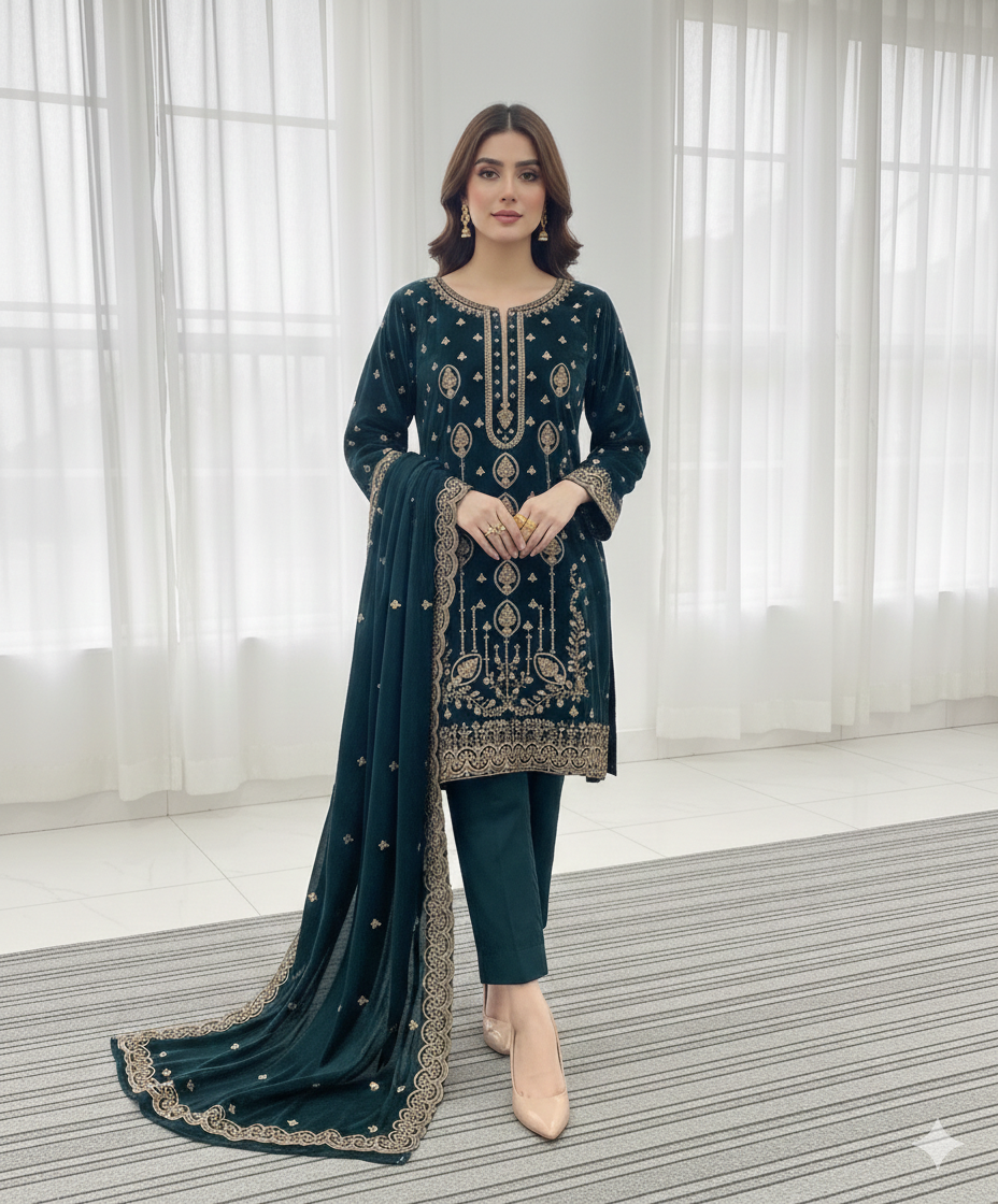 Zinc 3 Piece Unstitched Embroidered Velvet Suit