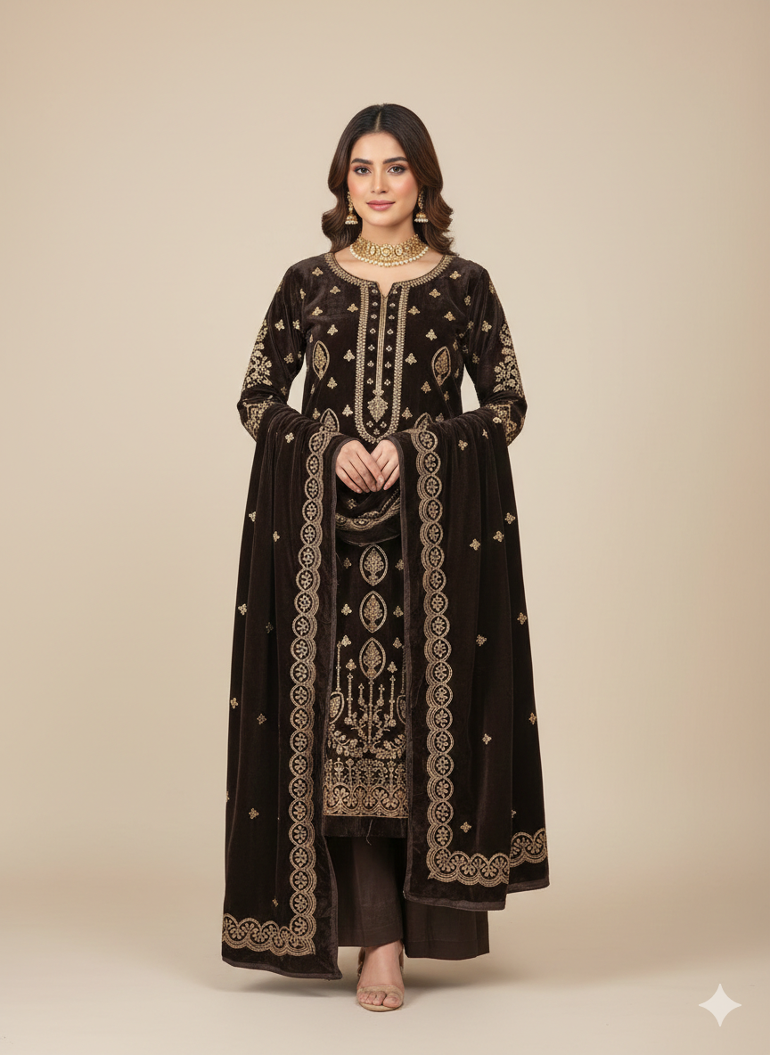 Brown 3 Piece Unstitched Embroidered Velvet Suit