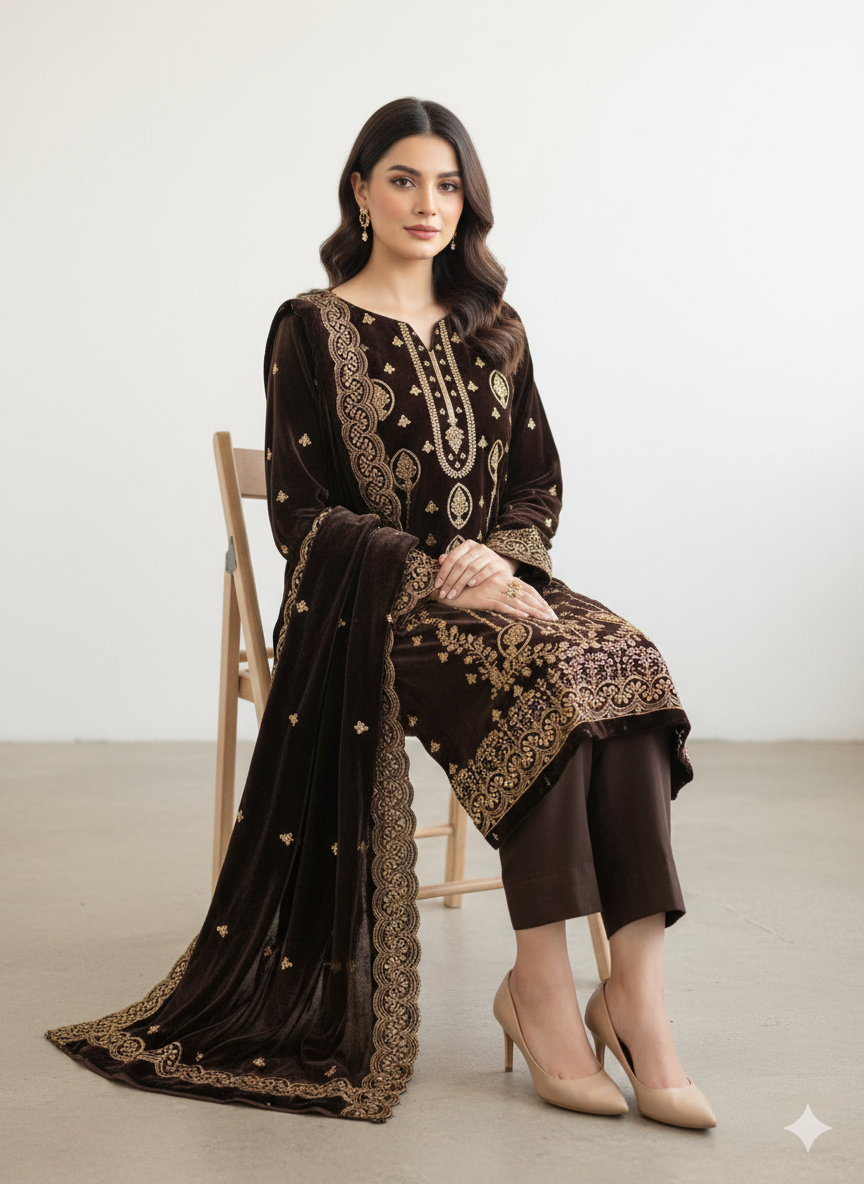 Brown 3 Piece Unstitched Embroidered Velvet Suit