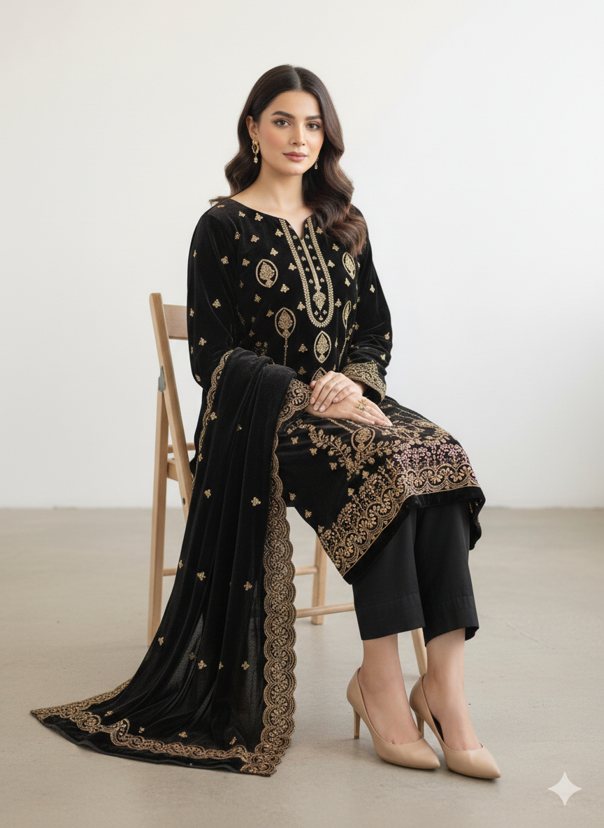 Black 3 Piece Unstitched Embroidered Velvet Suit