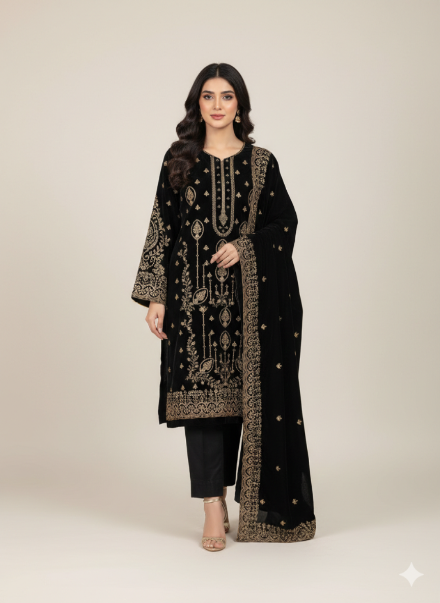 Black 3 Piece Unstitched Embroidered Velvet Suit