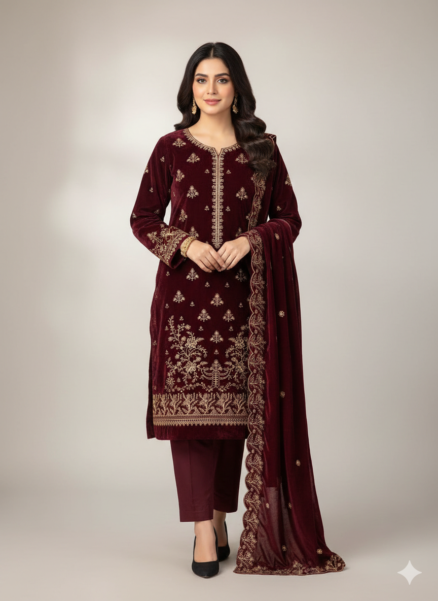 SAFIA Maroon 3 Piece Unstitched Embroidered Velvet Suit