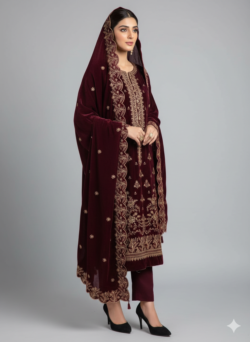 SAFIA Maroon 3 Piece Unstitched Embroidered Velvet Suit