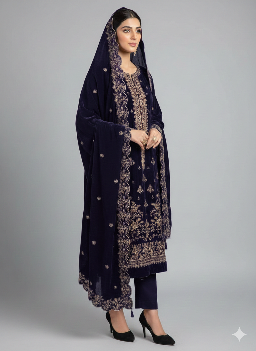 SAFIA Neavy Blue 3 Piece Unstitched Embroidered Velvet Suit