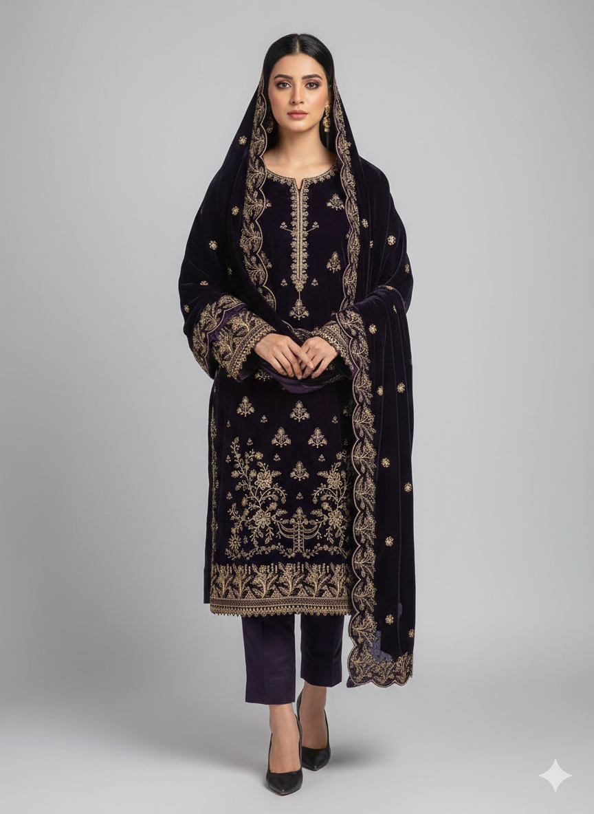 SAFIA Purpule Piece Unstitched Embroidered Velvet Suit