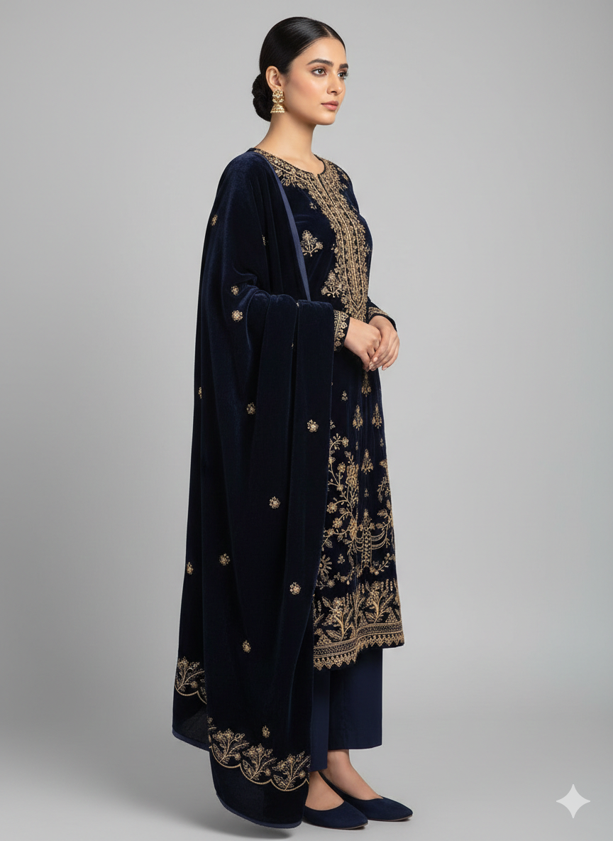 SAFIA Neavy Blue 3 Piece Unstitched Embroidered Velvet Suit