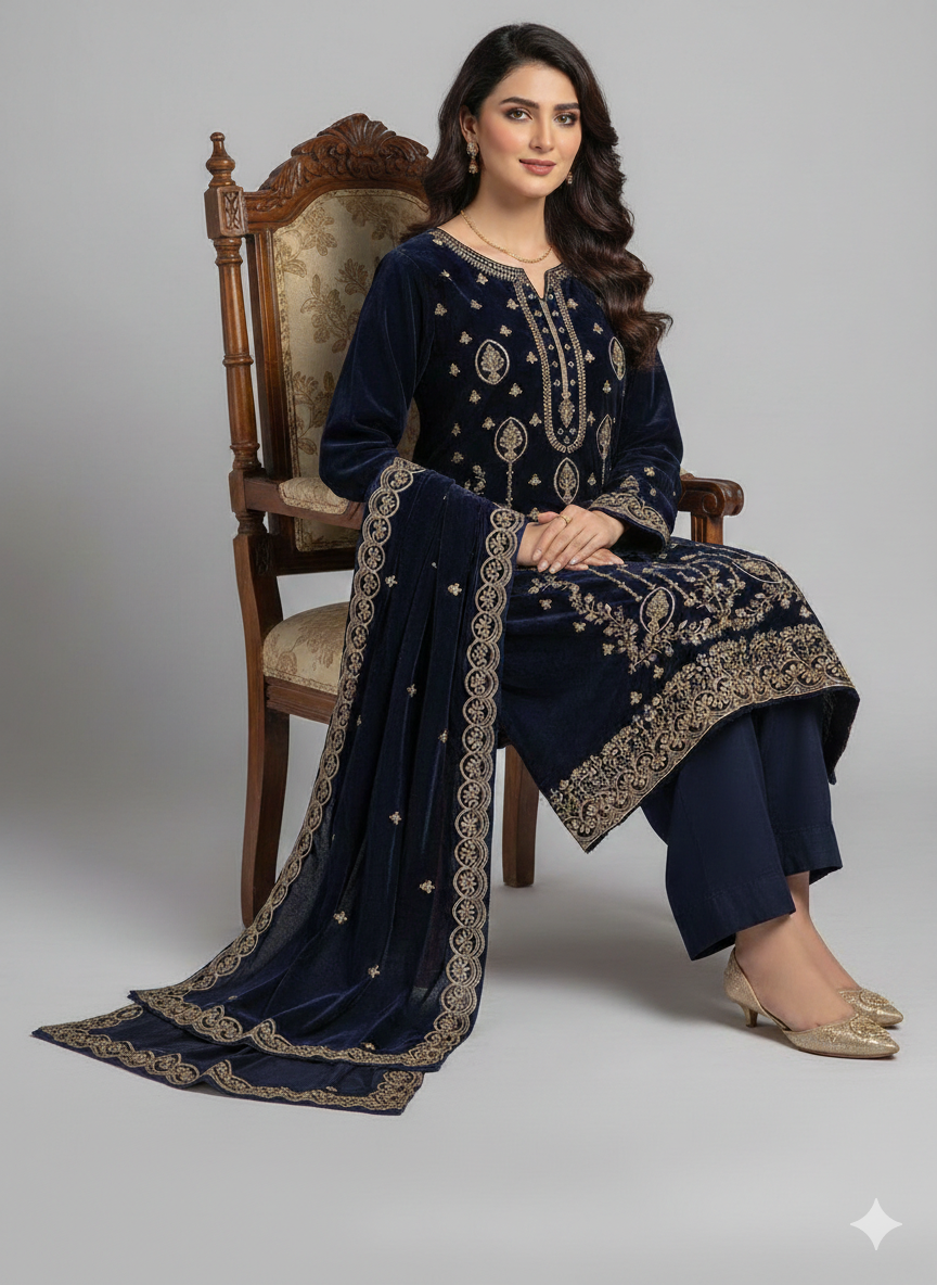 Neavy Blue 3 Piece Unstitched Embroidered Velvet Suit
