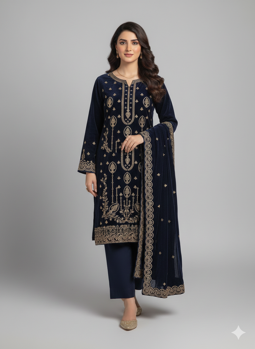 Neavy Blue 3 Piece Unstitched Embroidered Velvet Suit