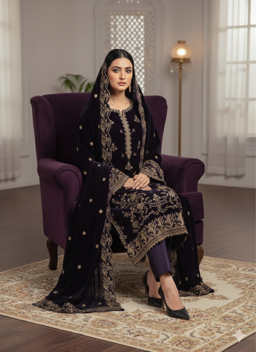 SAFIA Purpule Piece Unstitched Embroidered Velvet Suit