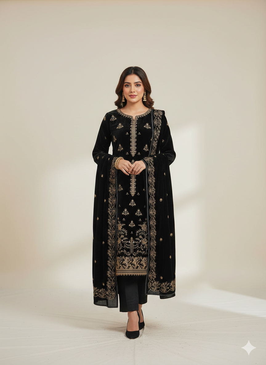 SAFIA Black 3 Piece Unstitched Embroidered Velvet Suit