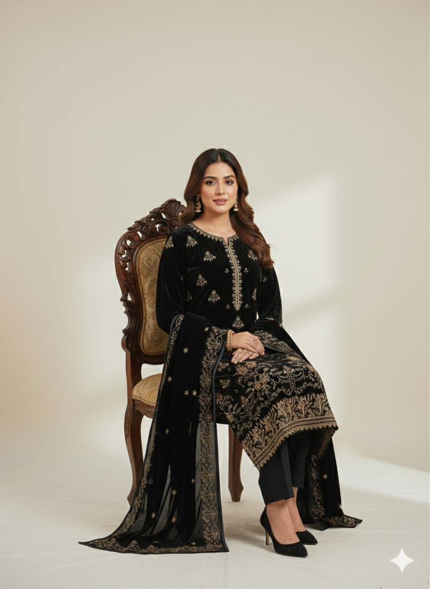 SAFIA Black 3 Piece Unstitched Embroidered Velvet Suit