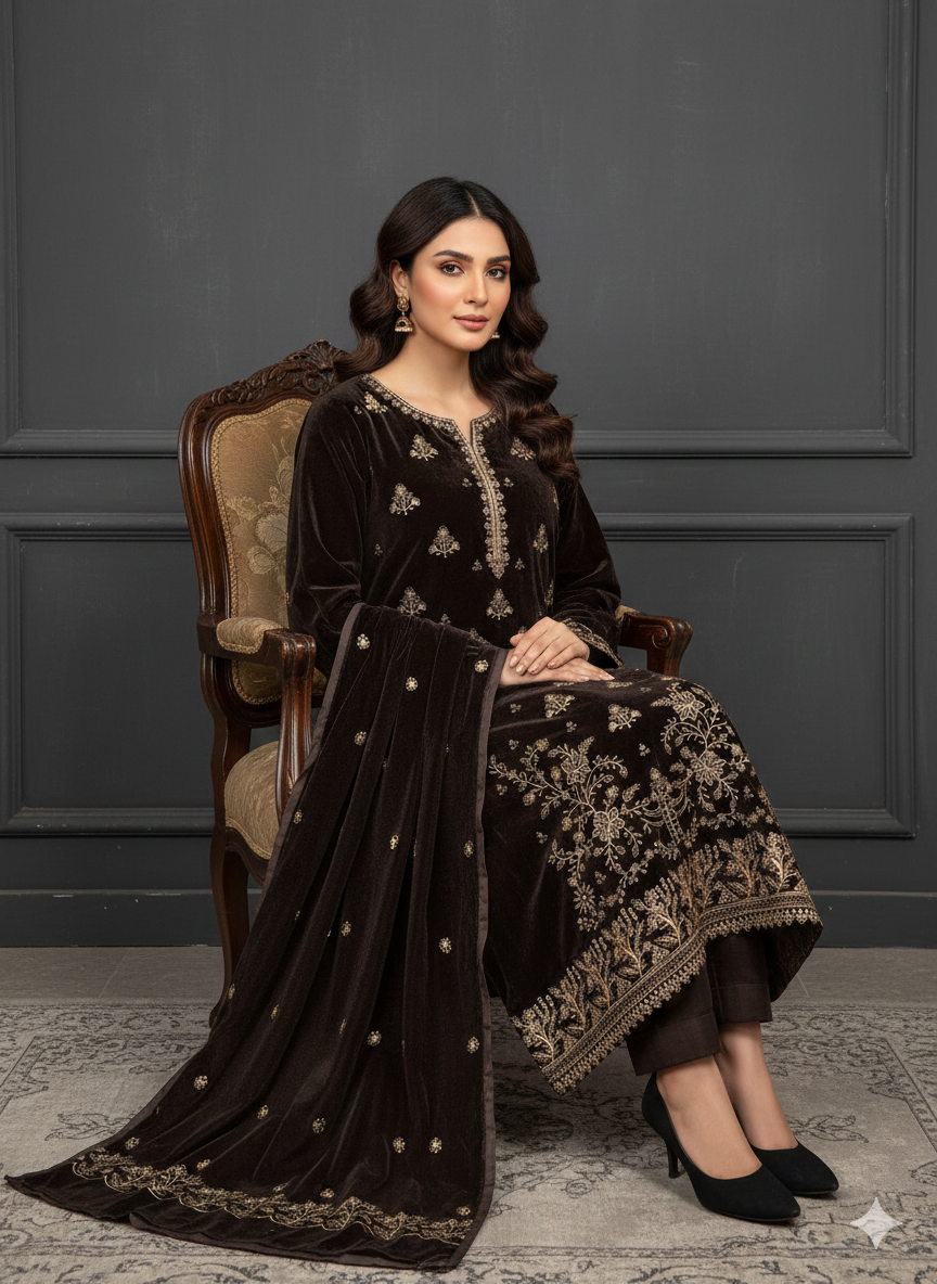 SAFIA Brown 3 Piece Unstitched Embroidered Velvet Suit