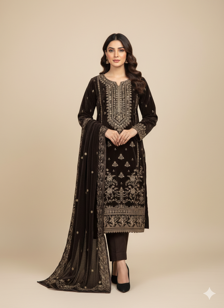 SAFIA Brown 3 Piece Unstitched Embroidered Velvet Suit