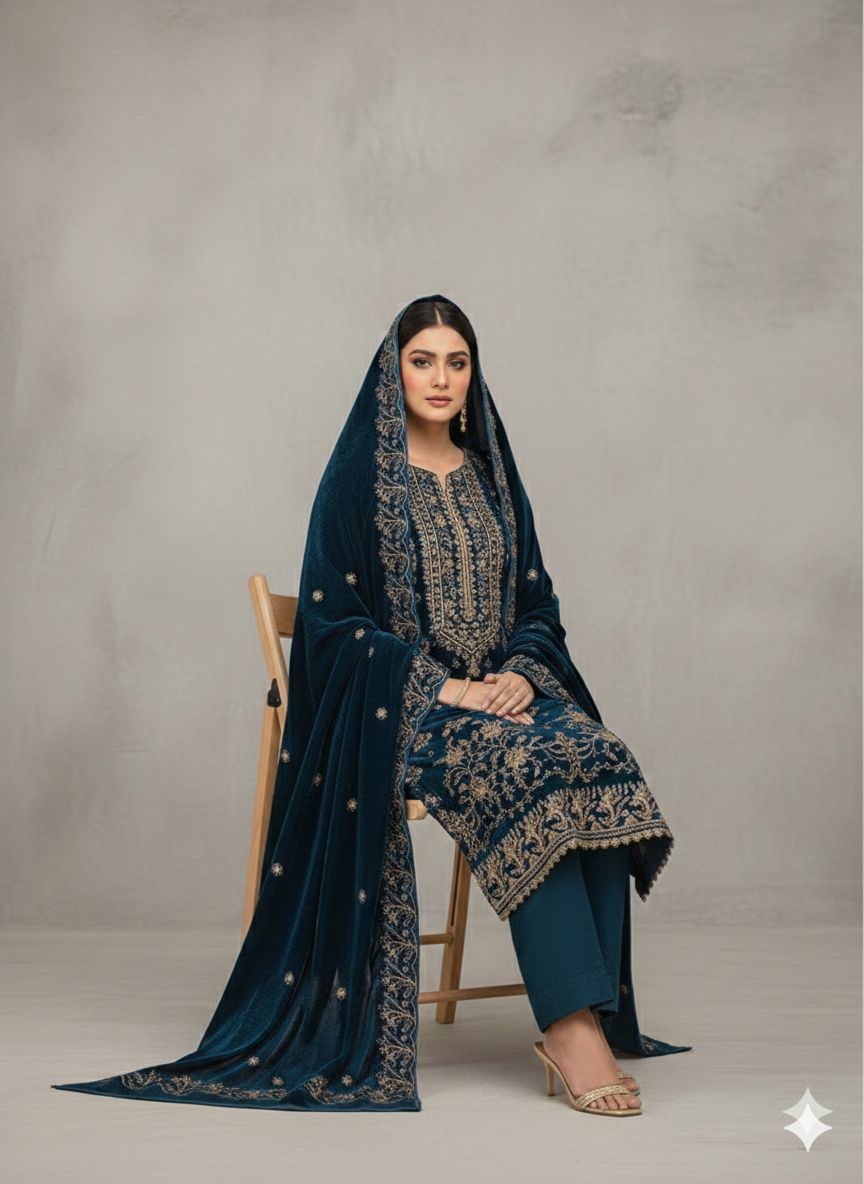 SAFIA Zinc 3 Piece Unstitched Embroidered Velvet Suit