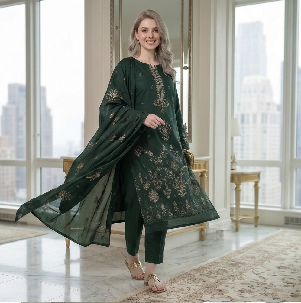 QALMKAR Embrodered 3 Pice Lawn