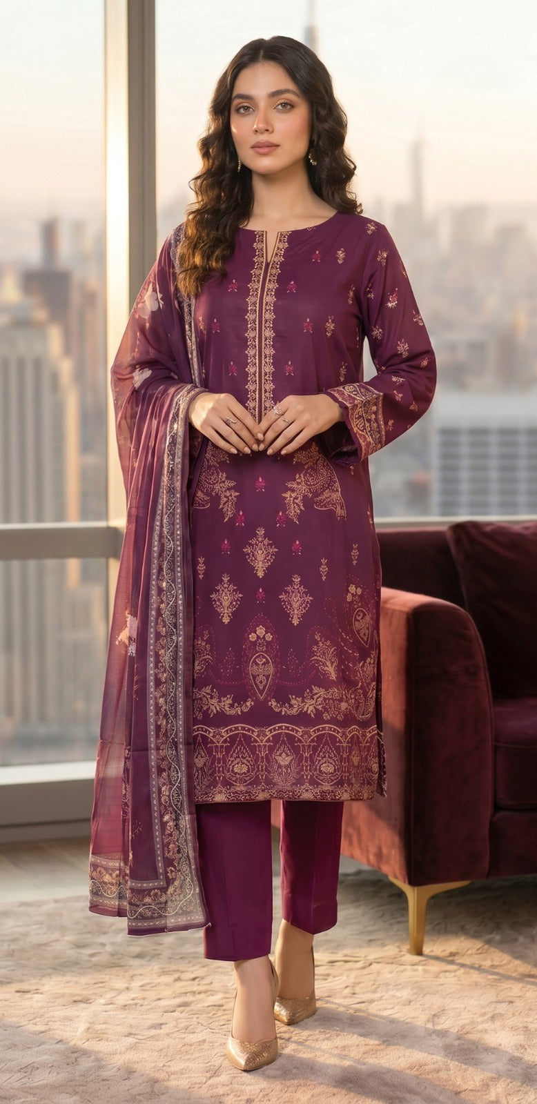 QALMKAR Embrodered 3 Pice Lawn with print duppata