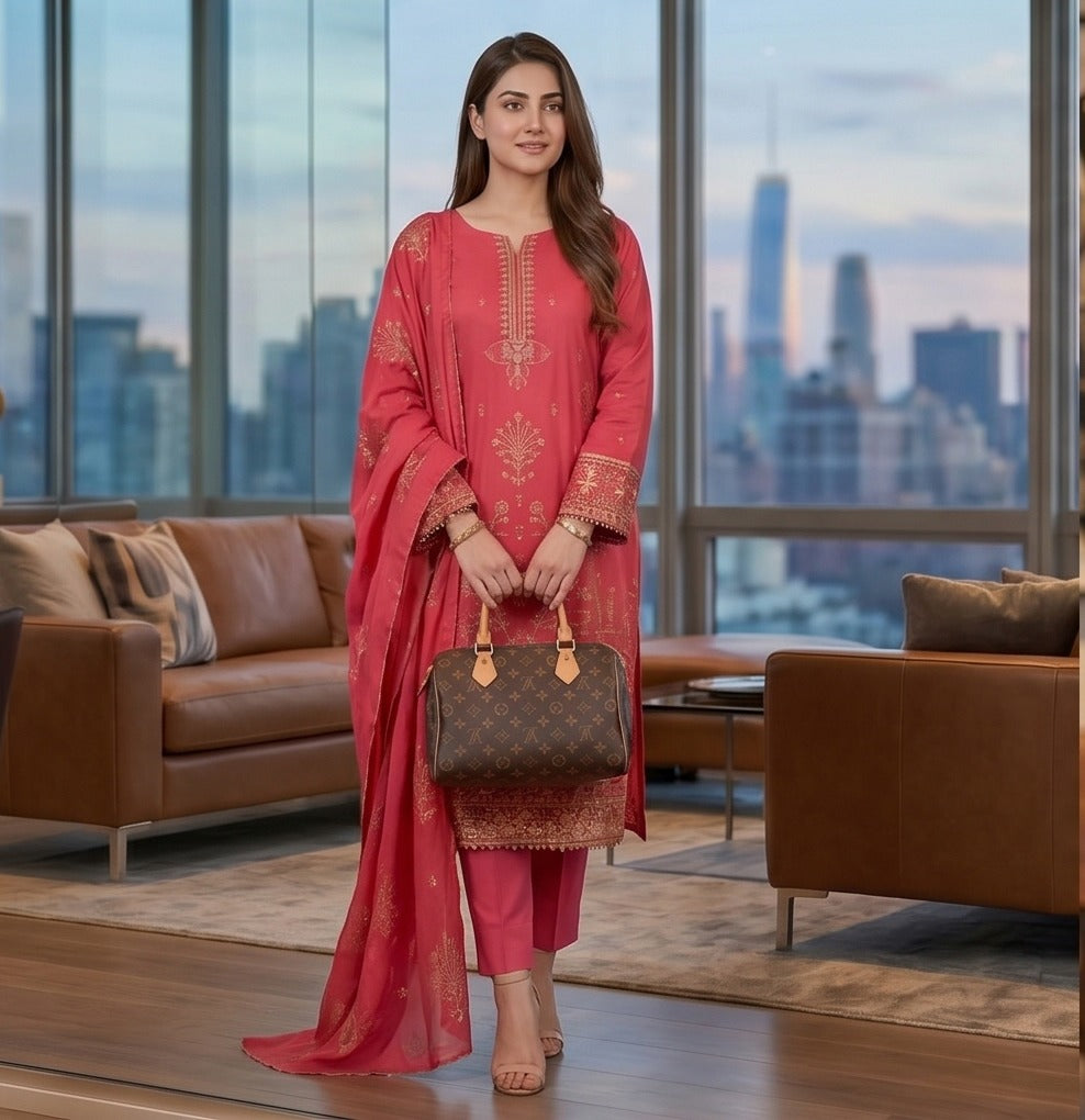 QALMKAR Embrodered 3 Pice Lawn