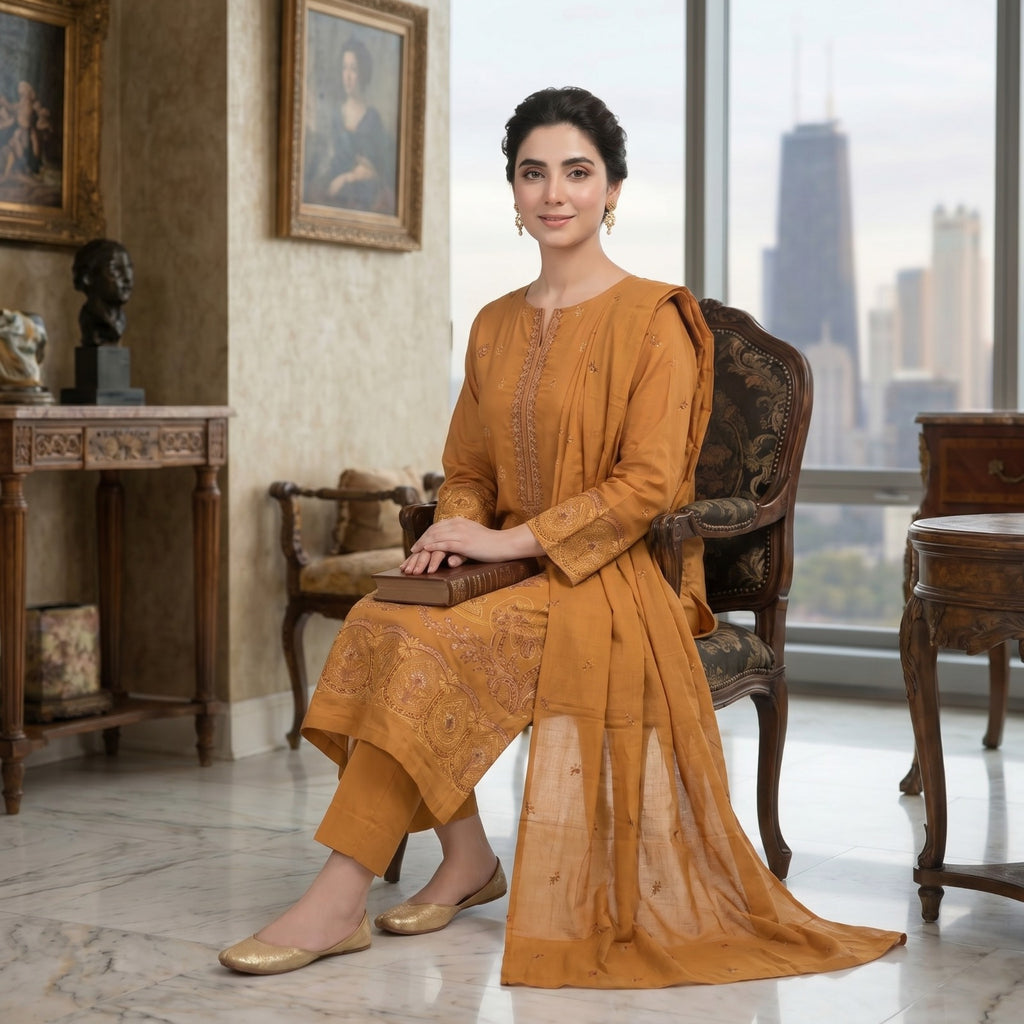 QALMKAR Embrodered 3 Pice Lawn