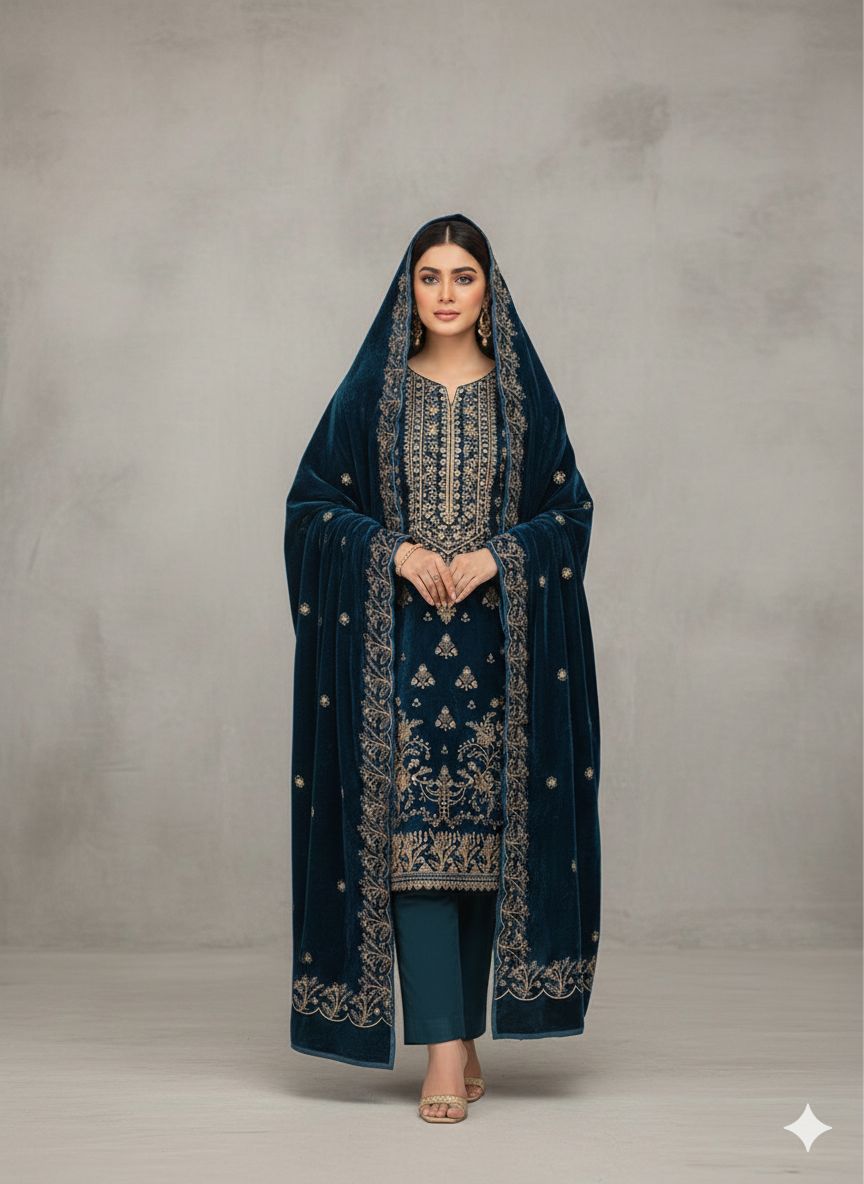 SAFIA Zinc 3 Piece Unstitched Embroidered Velvet Suit