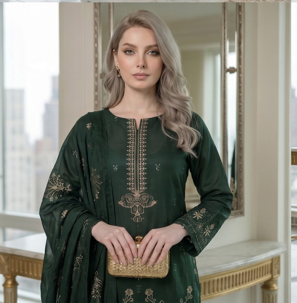QALMKAR Embrodered 3 Pice Lawn