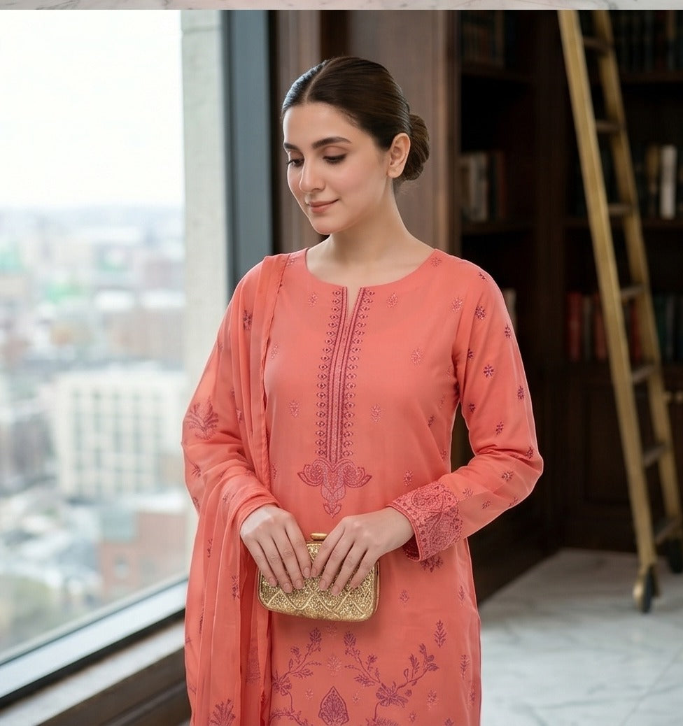 QALMKAR Embrodered 3 Pice Lawn