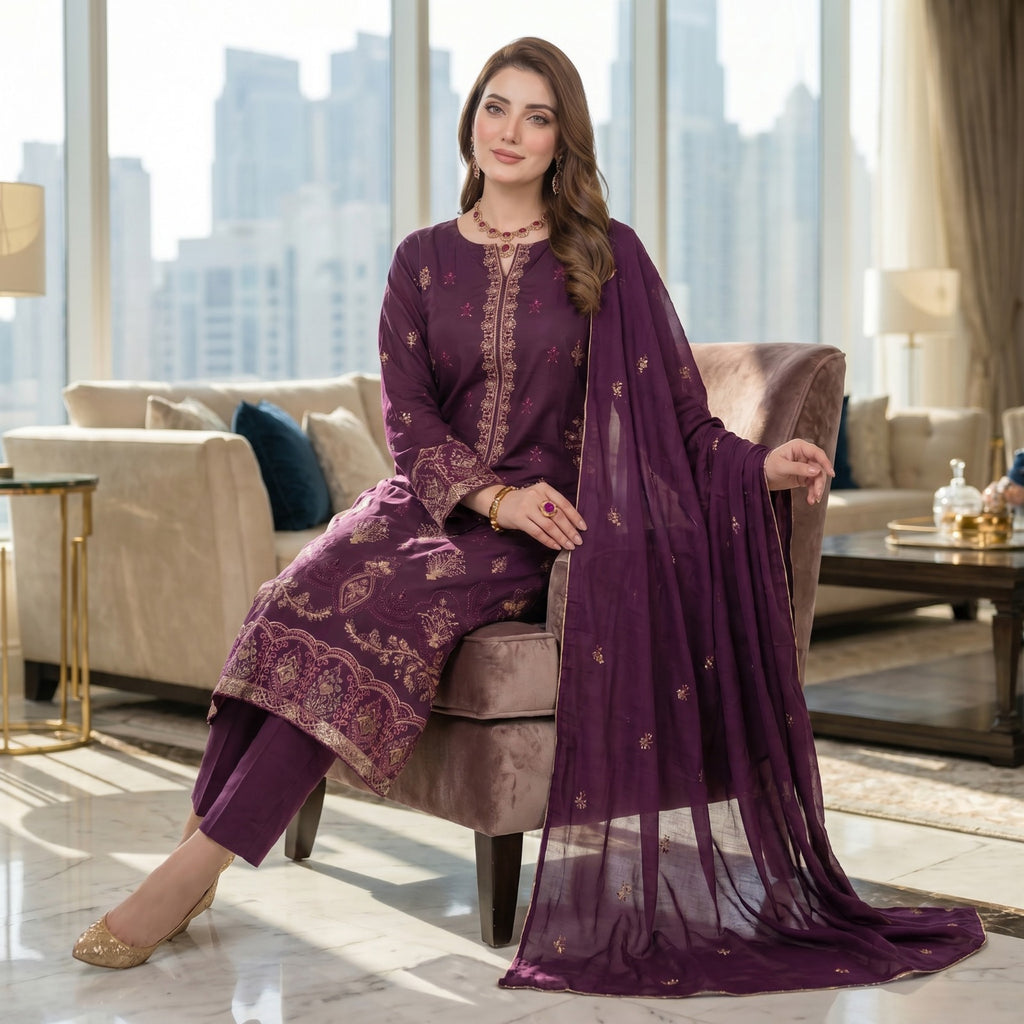 QALMKAR Embrodered 3 Pice Lawn