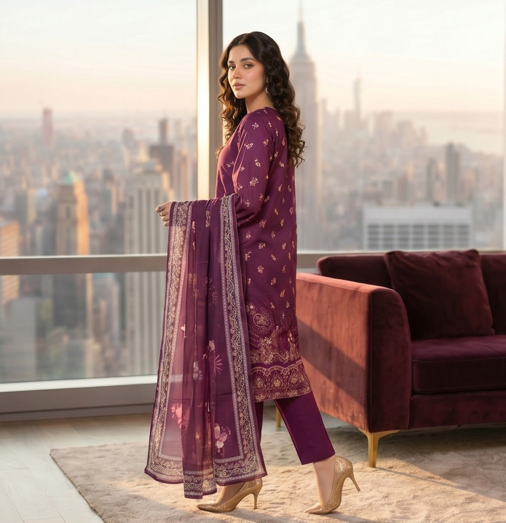 QALMKAR Embrodered 3 Pice Lawn with print duppata