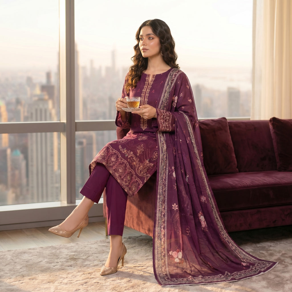 QALMKAR Embrodered 3 Pice Lawn with print duppata
