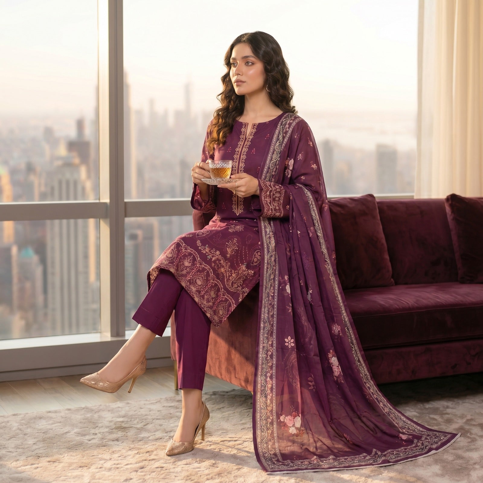 QALMKAR Embrodered 3 Pice Lawn with print duppata