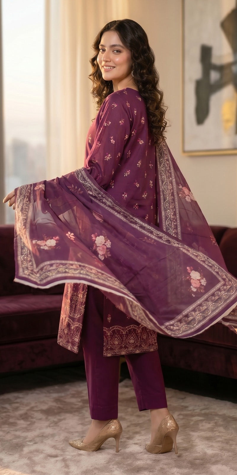 QALMKAR Embrodered 3 Pice Lawn with print duppata