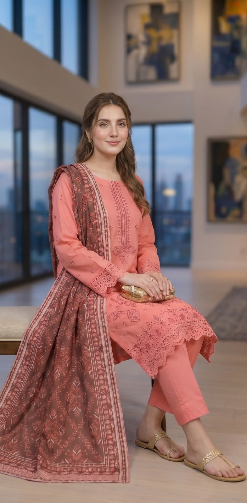 QALMKAR Embrodered 3 Pice Lawn with print duppata