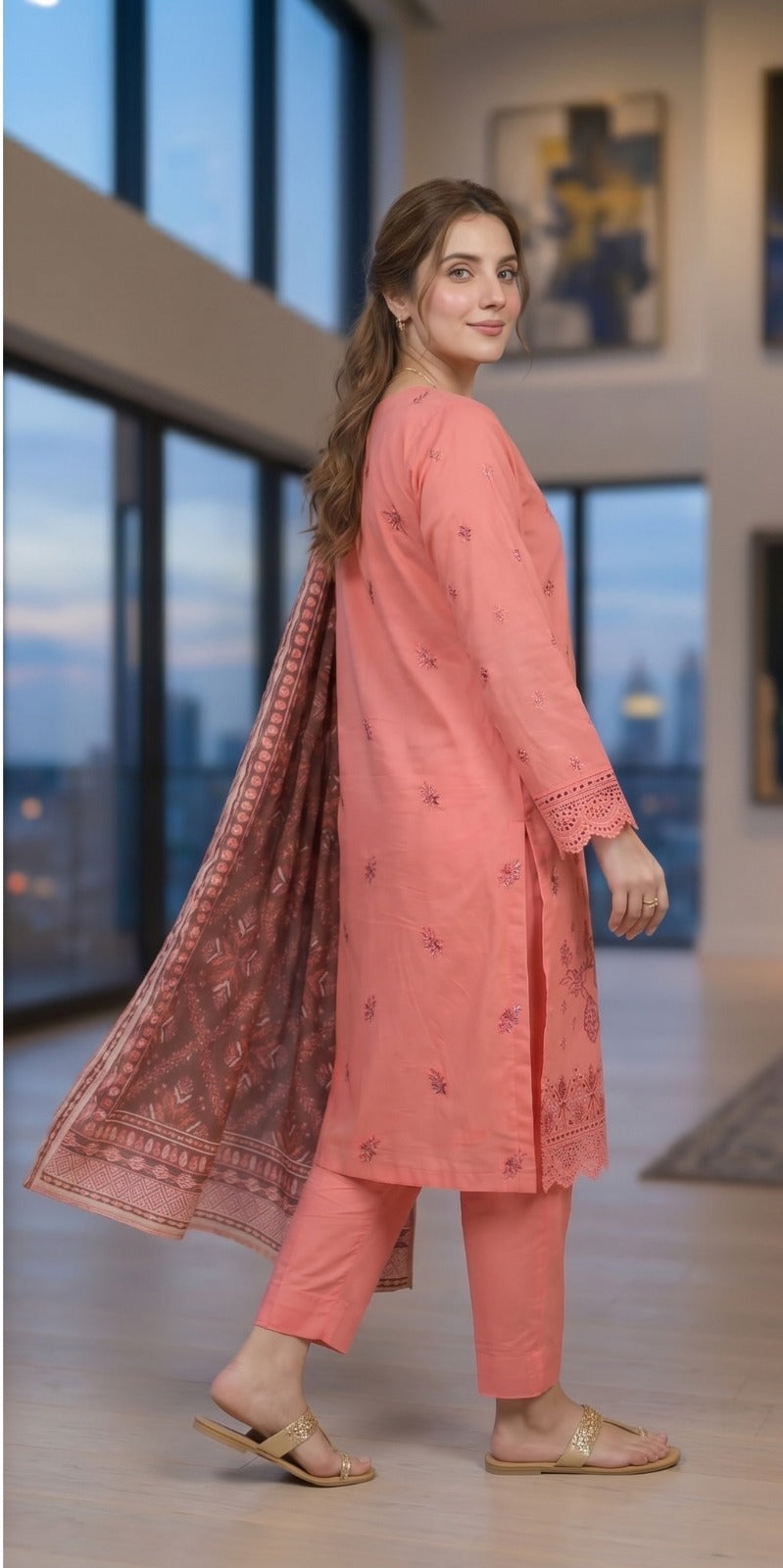 QALMKAR Embrodered 3 Pice Lawn with print duppata